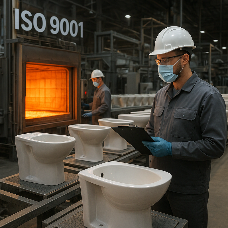 ISO 9001 certified factory production line for bidet toilets, showing ceramic firing and quality inspection